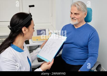 Experienced audiologist doing consultation for senior man patient with hear problems at audiology center. Hearing doctor's consultation Stock Photo