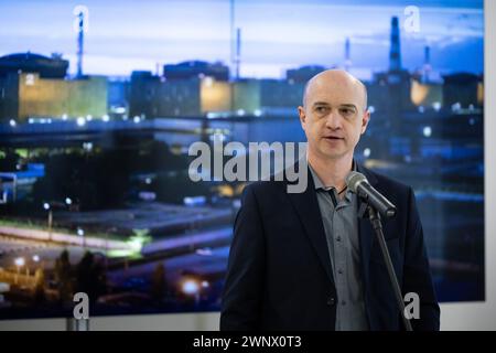 Kyiv, Ukraine. 04th Mar, 2024. Head of Zaporizhzhia power plant Dmytro Verbytskyi speaks to nuclear plant workers at an event dedicated to commemorating the second anniversary of the occupation by Russian armed forces of Zaporizhzhia Nuclear Power Plant, in Kyiv. Zaporizhzhya Nuclear Power Plant was occupied by Russian troops on March 4, 2022. Credit: SOPA Images Limited/Alamy Live News Stock Photo