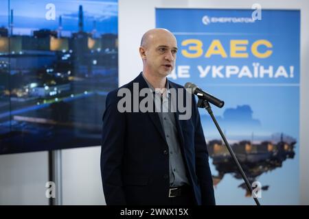 Kyiv, Ukraine. 04th Mar, 2024. Head of Zaporizhzhia power plant Dmytro Verbytskyi speaks to nuclear plant workers at an event dedicated to commemorating the second anniversary of the occupation by Russian armed forces of Zaporizhzhia Nuclear Power Plant, in Kyiv. Zaporizhzhya Nuclear Power Plant was occupied by Russian troops on March 4, 2022. (Photo by Oleksii Chumachenko/SOPA Images/Sipa USA) Credit: Sipa USA/Alamy Live News Stock Photo