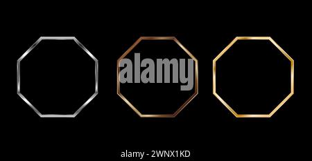Gold, silver, bronze octagonal frames for a picture or photo. 3d vector illustration isolated on transparent background. Stock Vector