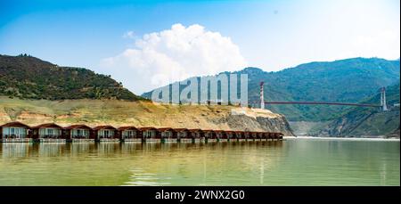 Floating Huts on tehri lake, Floating resort on tehri lake, Uttarakhand, India. Maldives of india. Tehri lake in Uttarakhand, india Stock Photo