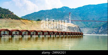 Floating Huts on tehri lake, Floating resort on tehri lake, Uttarakhand, India. Maldives of india. Tehri lake in Uttarakhand, india Stock Photo