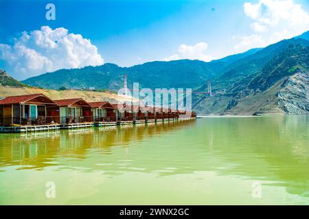 Floating Huts on tehri lake, Floating resort on tehri lake, Uttarakhand, India. Maldives of india. Tehri lake in Uttarakhand, india Stock Photo