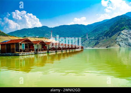 Floating Huts on tehri lake, Floating resort on tehri lake, Uttarakhand, India. Maldives of india. Tehri lake in Uttarakhand, india Stock Photo