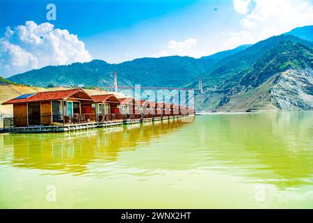 Floating Huts on tehri lake, Floating resort on tehri lake, Uttarakhand, India. Maldives of india. Tehri lake in Uttarakhand, india Stock Photo