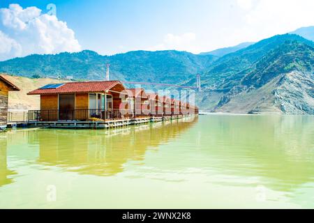 Floating Huts on tehri lake, Floating resort on tehri lake, Uttarakhand, India. Maldives of india. Tehri lake in Uttarakhand, india Stock Photo