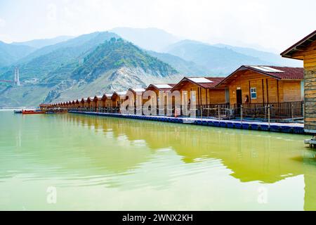 Floating Huts on tehri lake, Floating resort on tehri lake, Uttarakhand, India. Maldives of india. Tehri lake in Uttarakhand, india Stock Photo