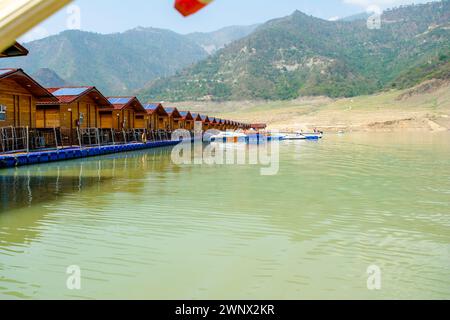 Floating Huts on tehri lake, Floating resort on tehri lake, Uttarakhand, India. Maldives of india. Tehri lake in Uttarakhand, india Stock Photo