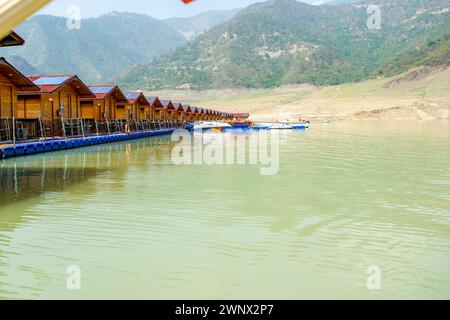 Floating Huts on tehri lake, Floating resort on tehri lake, Uttarakhand, India. Maldives of india. Tehri lake in Uttarakhand, india Stock Photo