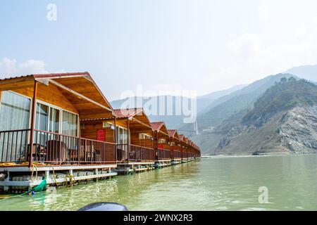 Floating Huts on tehri lake, Floating resort on tehri lake, Uttarakhand, India. Maldives of india. Tehri lake in Uttarakhand, india Stock Photo