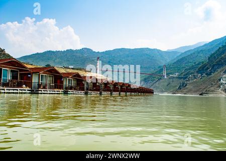 Floating Huts on tehri lake, Floating resort on tehri lake, Uttarakhand, India. Maldives of india. Tehri lake in Uttarakhand, india Stock Photo