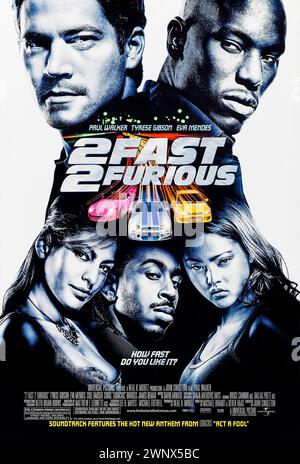 2 Fast 2 Furious (2003) directed by John Singleton and starring Paul Walker, Tyrese Gibson and Cole Hauser. Former cop Brian O'Conner is called upon to bust a dangerous criminal and he recruits the help of a former childhood friend and street racer who has a chance to redeem himself. Photograph of an original 2003 US one sheet poster. ***EDITORIAL USE ONLY*** Credit: BFA / Universal Pictures Stock Photo