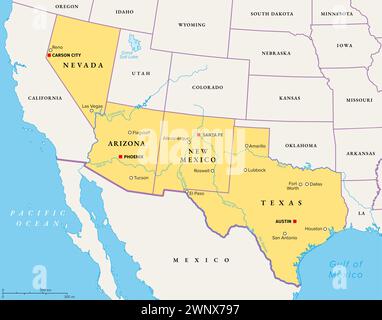 Southwest region of the United States, political map. States of the American Southwest or simply Southwest. Geographical and cultural region. Stock Photo