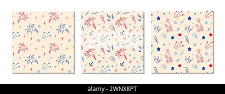Set of 4th of July USA Independence Day doodle seamless patterns. America flag blue, red and white colors. 14th of July Happy National day of France Stock Vector