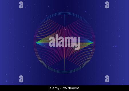 line overlap, triangles shape on circle, logo geometric design concept. Vector colorful spectrum gradient lines isolated on starry galaxy background Stock Vector