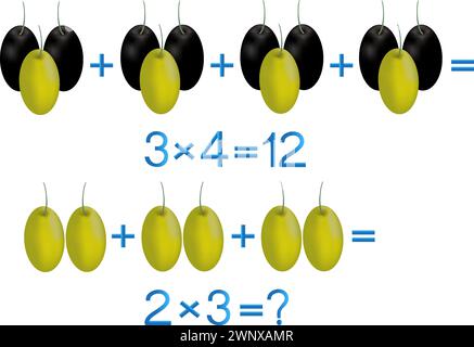 Educational games for children, multiplication action, example with olives. Stock Vector