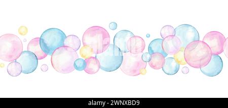 Seamless border of pink, blue, yellow polka dots. Multicolored circle in soft pastel colors. Creative minimalist style. Splashes, bubbles Stock Photo