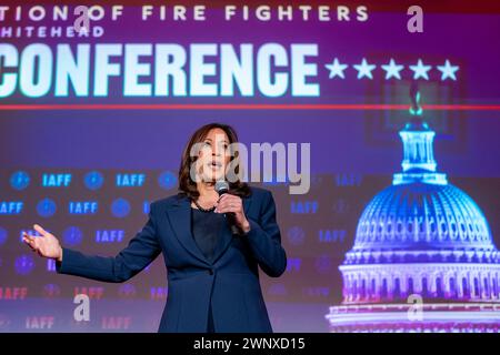 Washington, United States. 04th Mar, 2024. Vice President Kamala Harris speaks at the International Association of Fire Fighters Legislative Conference at the Hyatt Regency Capitol Hill in Washington, DC on Monday, March 4, 2024. Photo by Bonnie Cash/Pool/ABACAPRESS.COM Credit: Abaca Press/Alamy Live News Stock Photo