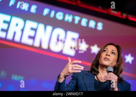 Washington, United States. 04th Mar, 2024. Vice President Kamala Harris speaks at the International Association of Fire Fighters Legislative Conference at the Hyatt Regency Capitol Hill in Washington, DC on Monday, March 4, 2024. Photo by Bonnie Cash/Pool/ABACAPRESS.COM Credit: Abaca Press/Alamy Live News Stock Photo