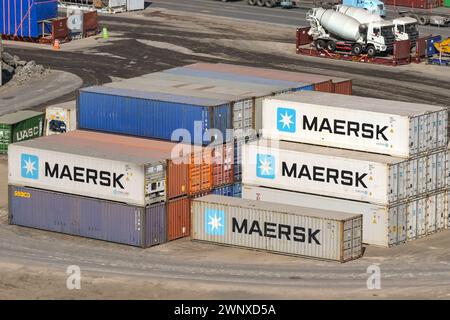 Puerto Quetzal, Guatemala - 19 January 2024: Shipping containers stacked in the city's port Stock Photo