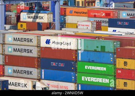 Puerto Quetzal, Guatemala - 19 January 2024: Shipping containers stacked in the city's port Stock Photo