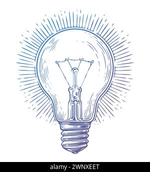 Glowing retro light incandescent bulb with rays. Hand drawn sketch vintage vector illustration Stock Vector