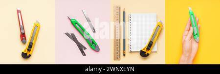 Set of utility knife on color background Stock Photo