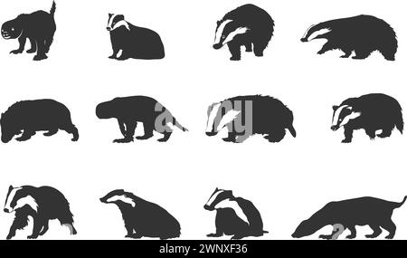 Badger silhouettes, Badger clipart silhouette, Badger vector set Stock Vector