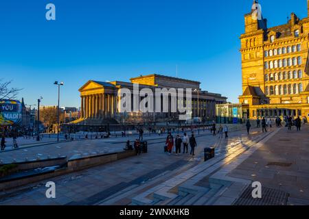 The piazza in front of Lime St station Liverpool looking towards St Georges hall Stock Photo