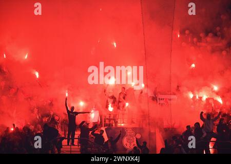 3rd March 2024: Porto, Portugal: Casper Tengstedt of Benfica, FC Porto versus Benfica; Fans of Benfica light flares in the stands Stock Photo