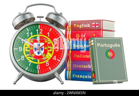 Portuguese course, lessons concept. Books with alarm clock. Time to learn Portuguese language, 3D rendering isolated on white background Stock Photo