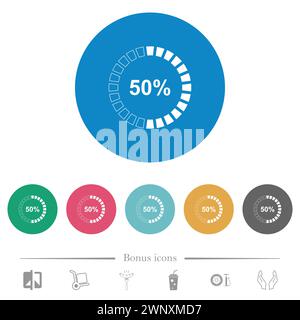 50 percent loaded indicator flat white icons on round color backgrounds. 6 bonus icons included. Stock Vector