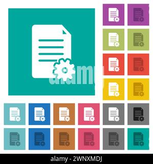 Document settings solid multi colored flat icons on plain square backgrounds. Included white and darker icon variations for hover or active effects. Stock Vector