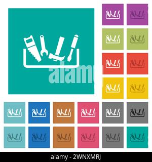Toolbox multi colored flat icons on plain square backgrounds. Included white and darker icon variations for hover or active effects. Stock Vector