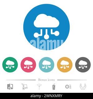 Cloud connections solid flat white icons on round color backgrounds. 6 bonus icons included. Stock Vector