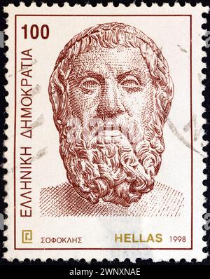 GREECE - CIRCA 1998: A stamp printed in Greece from the 'Ancient Greek Writers' issue shows tragedian Sophocles Stock Photo