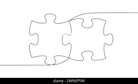 One line connecting puzzle pieces in one continuous line. Puzzle element Stock Vector