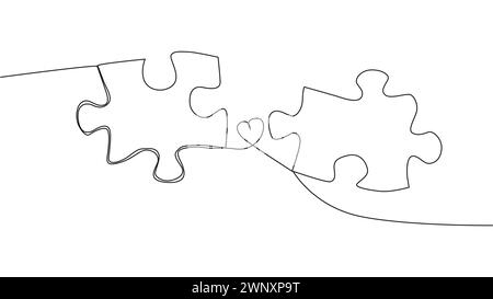 One line connecting puzzle pieces in one continuous line. Puzzle element Stock Vector