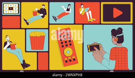 Millennials relaxing with streaming platform bento grid illustration set Stock Vector