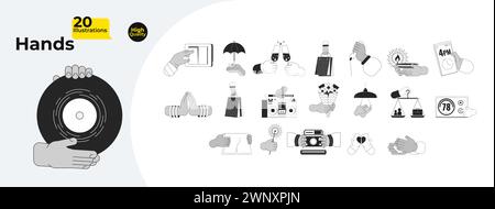 Daily routine lifestyle cartoon hands outline illustration bundle Stock Vector