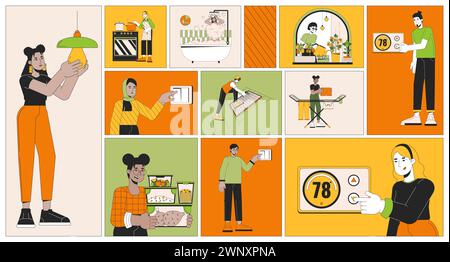 Saving energy at home bento grid illustration set Stock Vector