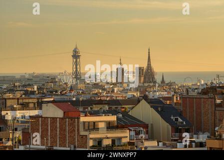 Skyline of the towers of Barcelona Cathedral and the Jaume I tower at sunset (Barcelona, Catalonia, Spain) ESP: Skyline de las torres de la catedral Stock Photo