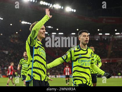 Bramall Lane, Sheffield, UK. 4th Mar, 2024. Premier League Football, Sheffield United versus Arsenal; Arsenal's Martin Odegaard celebrates after he scores the opening goal in the 5th minute to make the score 0-1 with Gabriel Martinelli close by Credit: Action Plus Sports/Alamy Live News Stock Photo