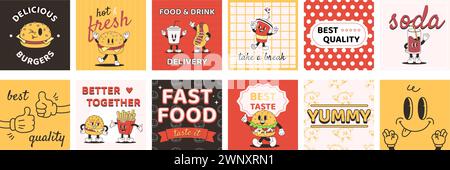 Fast food retro posters. Cute drinks characters, funny groovy burger, hot dog and potato fries. Cafe or restaurant delivery, snugly vector cards Stock Vector