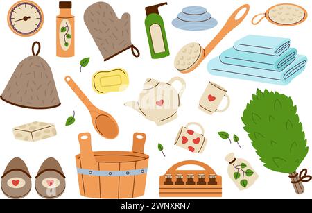 Sauna elements. Spa wellness tools and equipment. Felt hat for hairs protection, towels and tea set. Soap and lotion, body brush, decent vector Stock Vector