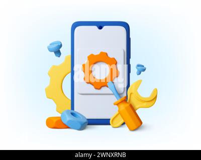 Smartphone repair service 3d style icon. Mobile phone with gear on screen. Upgrade app or phone, technical device support pithy vector concept Stock Vector