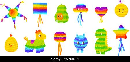 Cartoon mexican pinatas. Isolated pinata llama, star and dinos. Decorative party fiesta paper toys with sweets and confetti, snugly vector clipart Stock Vector