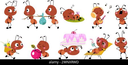 Funny ant. Isolated little ants different emotions. Cute insects working and resting, sleeping and moving. Childish cartoon mascots, nowaday vector Stock Vector