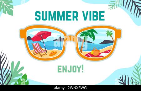 Sunglasses creative poster. Summer vibe, exotic island vacations. Beach holidays, abstract tourism concept. Travel neoteric vector background Stock Vector