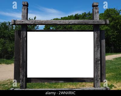 Blank white horizontal rectangular pylon stand on forest dirt road mock up. Empty panel for advertisement, promotion mockup. Clear canvas frame banner Stock Photo